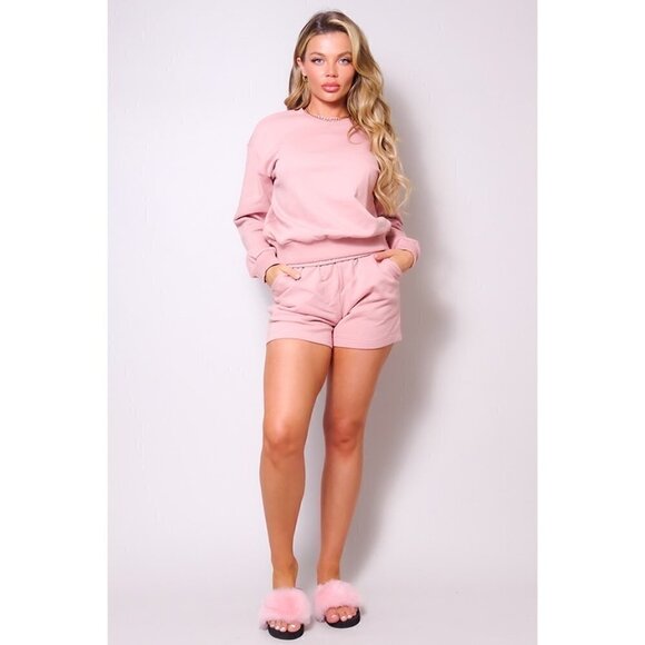Women's Rose Pink Long Sleeve Crew Neck Sweater and Shorts Lounge Set - Picture 3 of 5